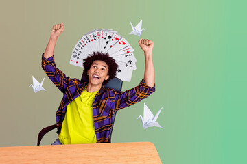 Creative surreal collage of young guy raise fists up look playing card on green color background