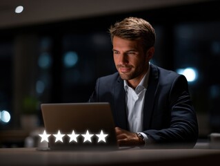 Professional Man in Tailored Suit Engaged in Work on Modern Laptop in Contemporary Office Setting Exuding Confidence and Determination to Succeed