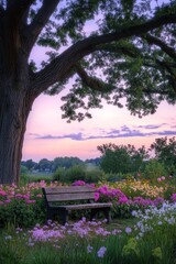 Bench is placed under a large tree in a field of flowers