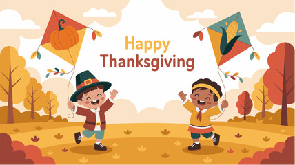 Pilgrim child and Native American child flying kites with pumpkin and corn, autumn Thanksgiving vector illustration