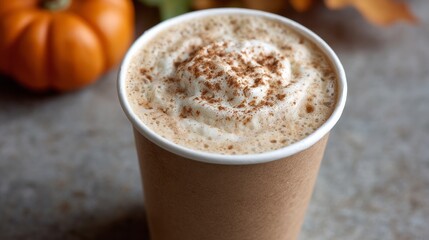Aromatic pumpkin spice latte with cinnamon crown, cozy autumnal indulgence, embracing Samhain reflections, perfect hygge companion
