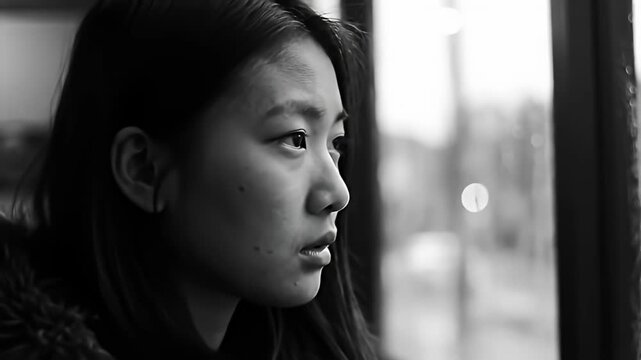 Pensive young woman looks out a blurry window, face in profile, in monochrome