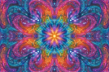 The flower is surrounded by a galaxy of stars and planets