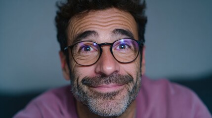 ``` Whimsical bespectacled man with joyful gaze celebrates International Happiness Day, cozy evening glow, diverse community spirit```
