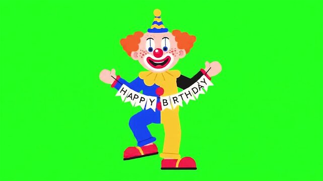Funny cartoon clown dancing with a Happy Birthday banner. 2D animation on a green screen background for party invitations and videos.