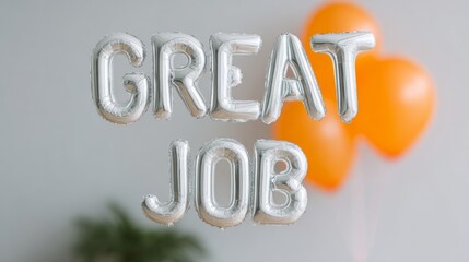 Silver helium balloons spell Great Job with floating orange spheres, celebrating quirky accolades and World Compliment Day