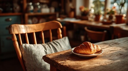 Peaceful morning cafe scene with one croissant placed on a wooden table, empty space in background ideal for breakfast ads, editorial layouts, or food branding purposes.
