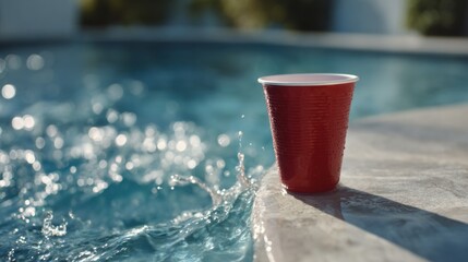 Red solo cup teeters on sunlit pool edge, echoing summer soirees, spontaneous Solstice laughter, and aquatic celebration whispers