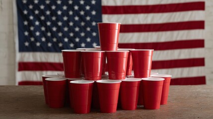 Red cups stacked like a collegiate fortress, echoing Fourth of July revelry or a backyard Labor Day chill