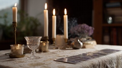 Illuminated tarot cards and flickering candles whisper secrets for Samhain divination, mystic ambiance entwined with ancient wisdom