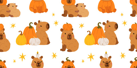 Cute Halloween capybara seamless pattern, spooky cartoon capybaras dressed as mummy, ghost, witch, pumpkin, with gravestone, candles, broom, toilet paper and pumpkins, kawaii animal vector background