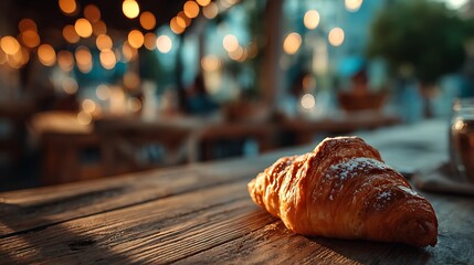 Minimalist breakfast scene in quiet cafe with single croissant on table and empty background, designed for commercial food ads and seasonal promotional space.