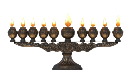 • A decorated menorah with lit candles for Hanukkah, isolated on white background in HD 