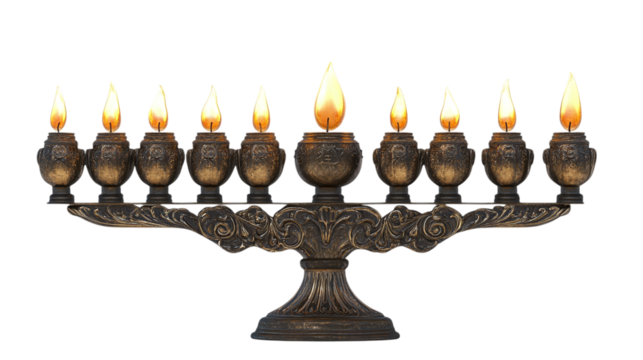 • A decorated menorah with lit candles for Hanukkah, isolated on white background in HD 