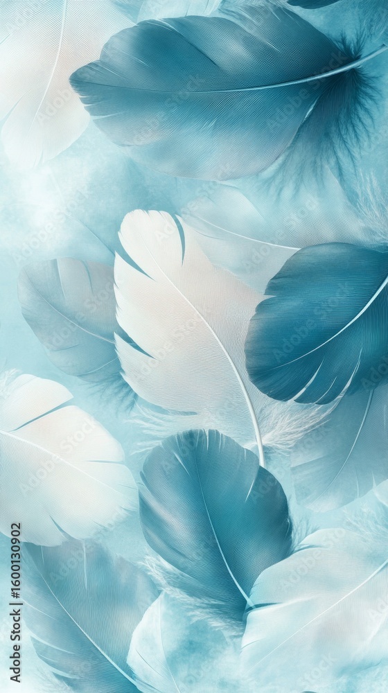 Sticker blue and white feathery pattern with a light blue background. the feathers are arranged in a way tha