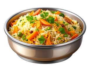 Minimalist Flat Lay Illustration of Vegetable Biryani in Metal Dish, Transparent Background