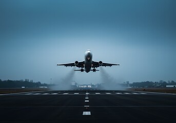 A powerful passenger jet taking off from a wet runway, its engines creating a dramatic spray. This head-on perspective captures the essence of modern air travel and departure.