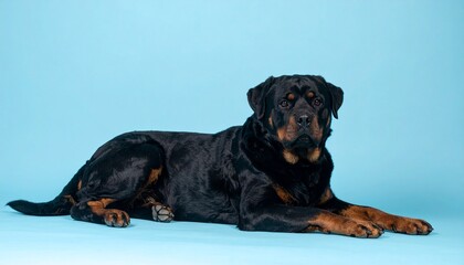 Fototapeta premium マットなパウダーブルー背景に伏せるロットワイラー、左下からのほのかな光が静かに差し込み、穏やかで見守るような落ち着いた表情の一枚