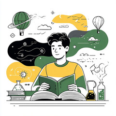 Young Man Reading Textbook with Balloons and Science Elements