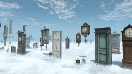 Antique clocks and doors float in a cloudy sky
