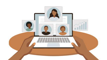 Person using laptop for video conference with three people and a graph on the screen showing data