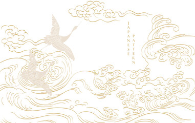Japanese background and crane birds with line ocean sea pattern vector. Abstract template with geometric wave pattern. Mountain layout design in oriental style