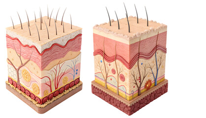 Illustration showing two skin cross sections with hair follicles and skin cell layers present on transparent background