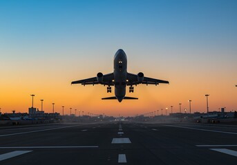 Fototapeta premium Airplane Taking Off at Sunset Stunning Aerial View of Air Travel