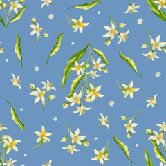 Seamless watercolor lemon pattern with green leaves, and white blossoms on a blue background. Perfect for summer fabric, wrapping paper, kitchen decor, and digital design.