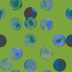 Seamless pattern with dots in green and gray colors. Abstract geometric background in artistic paint spots. Design for covers, packaging, textile. Diagonal and chaotic illusion of motion. 