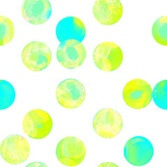 Watercolor seamless pattern with dots in yellow and blue colors. Abstract geometric background in artistic paint spots. Design for covers, packaging, textile. Diagonal and chaotic illusion of motion. 