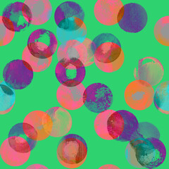 Watercolor seamless pattern with dots. Abstract geometric background with artistic paint spots. Design for covers, packaging, textile. Modern neon pink and green colors fabric template. 