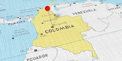 Fototapeta premium Colombia, Bogota - push pin on political map - 3D illustration