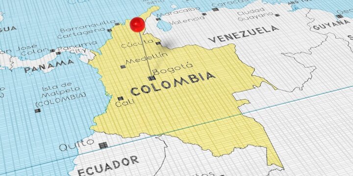 Colombia, Bogota - push pin on political map - 3D illustration