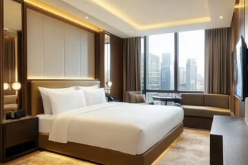 Fototapeta premium Large bed with a lamp on the nightstand. Stylish hotel bedroom interior with bed and shelf window.