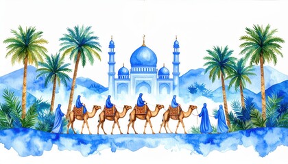 Caravan of travelers on camels journeying through a watercolor oasis with domed buildings and palm trees depicting Arabian travel, tradition, and mystic landscapes