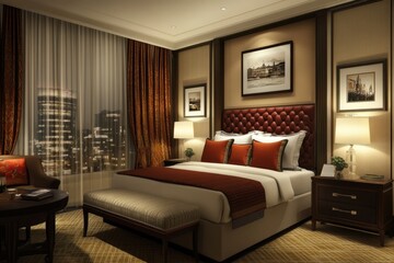 Large bed with a white comforter and blue blanket. Lamp is on the bedside table. Stylish hotel bedroom interior with bed nightstand with books.