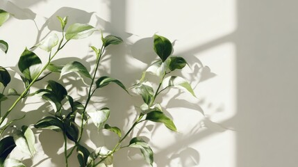 Green leaves cast soft shadows on a light beige wall.
