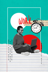 Creative banner collage of young lady worker use gadget on green background