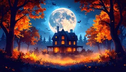 A spooky Halloween night with a haunted house glowing under a full moon surrounded by bats and autumn trees creating a magical and eerie seasonal atmosphere