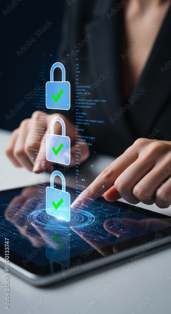 Poster hands interact with a tablet displaying digital lock icons and check marks, symbolizing online secur