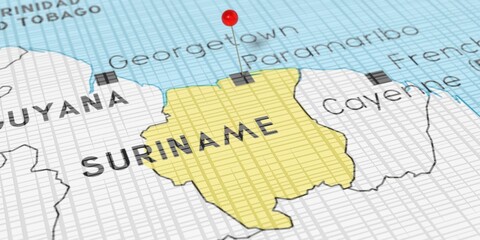 Suriname, Paramaribo - push pin on political map - 3D illustration