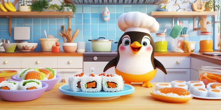 Cute Penguin Chef Preparing Sushi in Colorful Kitchen Setting - Powered by Adobe