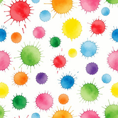 Seamless Vector Flat Design Pattern of Multicolored Watercolor Paint Splatters Randomly Distributed on White Background