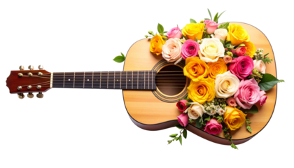 Elegant acoustic guitar adorned with vibrant colorful roses and floral arrangements, celebrating musical beauty isolated on solid white background in Png format