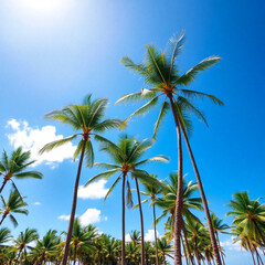 Tall tropical palm trees under blue sky with sharp leaf details  