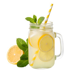 Refreshing lemonade in a glass mason jar with lemon slices, fresh mint leaves, and a striped straw, transparent png, isolated.