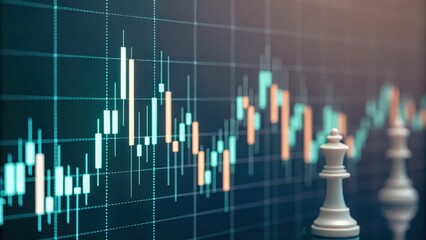 Blurry candlestick chart with sharp laser grid overlay — contrast between chaos and control
