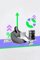 Creative abstract collage of person sit use netbook with percent growing dollars money on white...