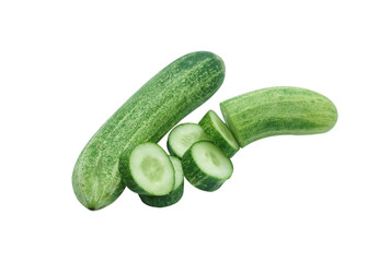 Fresh organic slice and whole cucumber on white background.